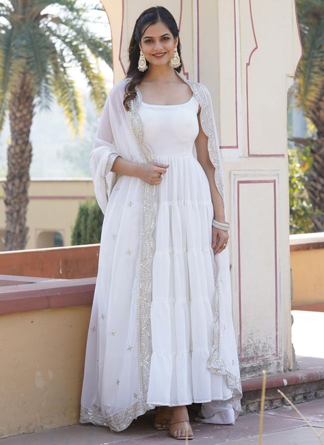 Faux Georgette White Festival Wear Embroidery Work Gown With Dupatta